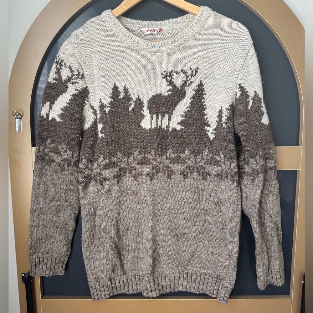 Gesvages Women’s Brown&Cream Reindeer Sweater One Size